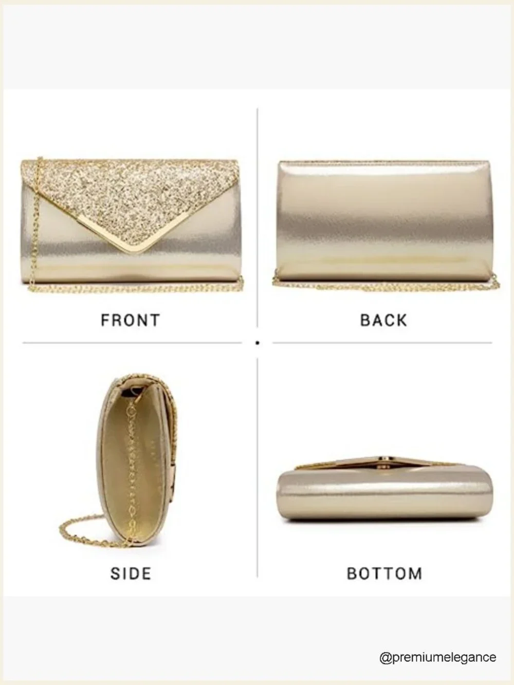 Glitter Envelope Evening Clutch with Chain Strap & Inner Pocket